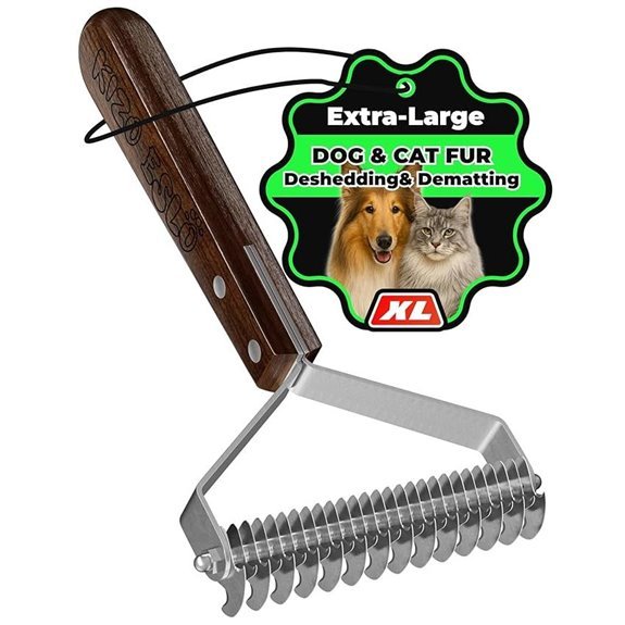 Extra Large Undercoat Rake for Dogs & Cats (Walnut Handle)